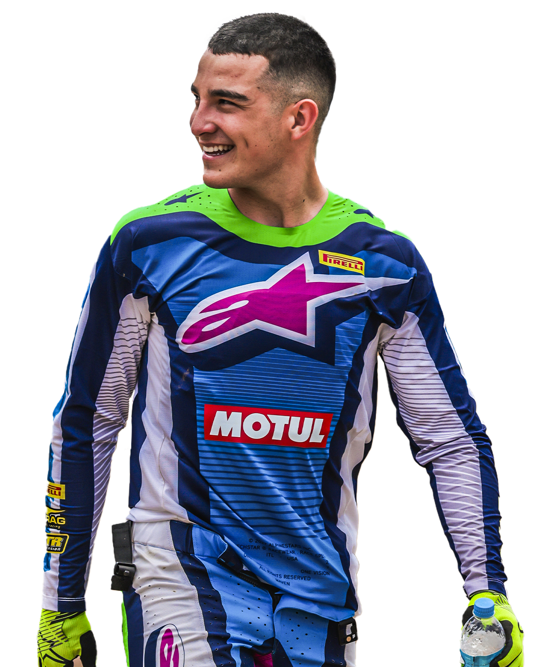 Guilherme Bresolin sorrindo com uniforme de motocross